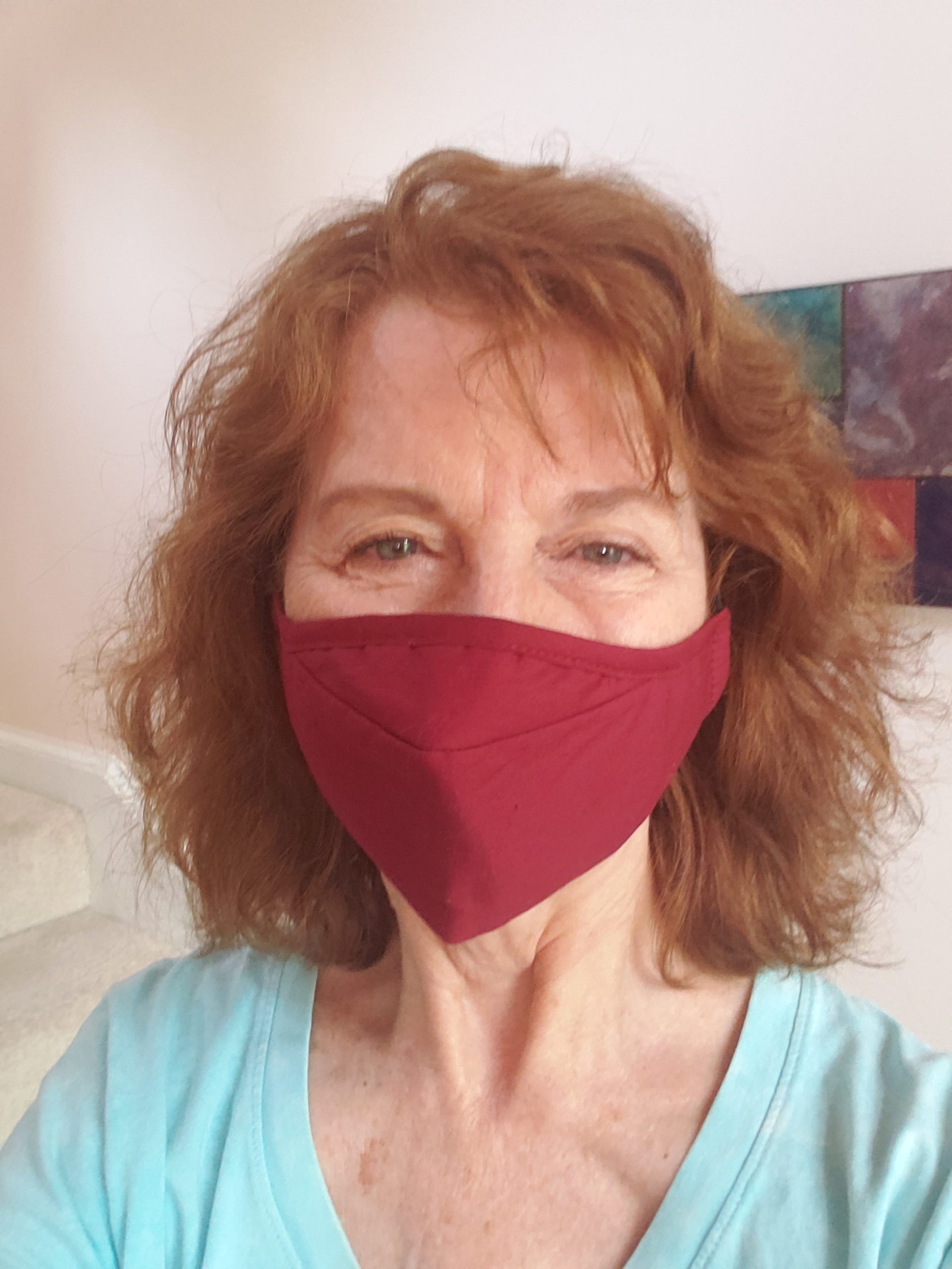 The blog author is wearing a reusable cotton face mask.