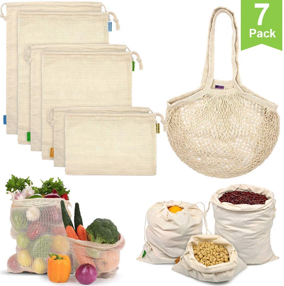 These reusable produce bags include mesh bags, muslin bags, and a large grocery bag.