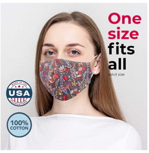 Woman wearing plastic-free reusable cotton face mask.