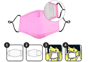 Plastic-free reusable cotton face mask demonstrates how to insert filter.