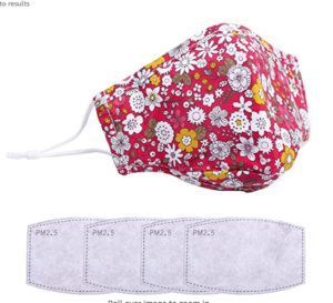 Flowery-patterned reusable cotton face mask with adjustable ear straps and nose bridge.