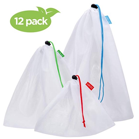 Plastic-free reusable produce bags come in three sizes and have drawstrings so they're easy to close.