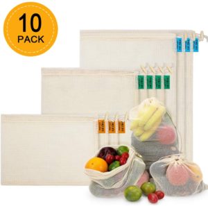 Reusable cotton mesh, plastic-free produce bags come in three sizes and can be used with most fruits and vegetables.